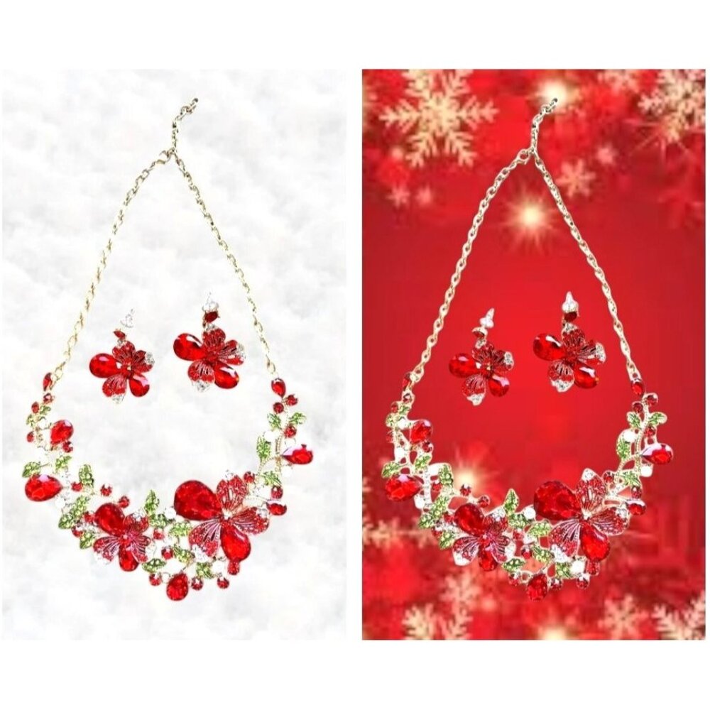 Red Floral Crystal Necklace Earrings Set New Valentines Jewelry July Birt…